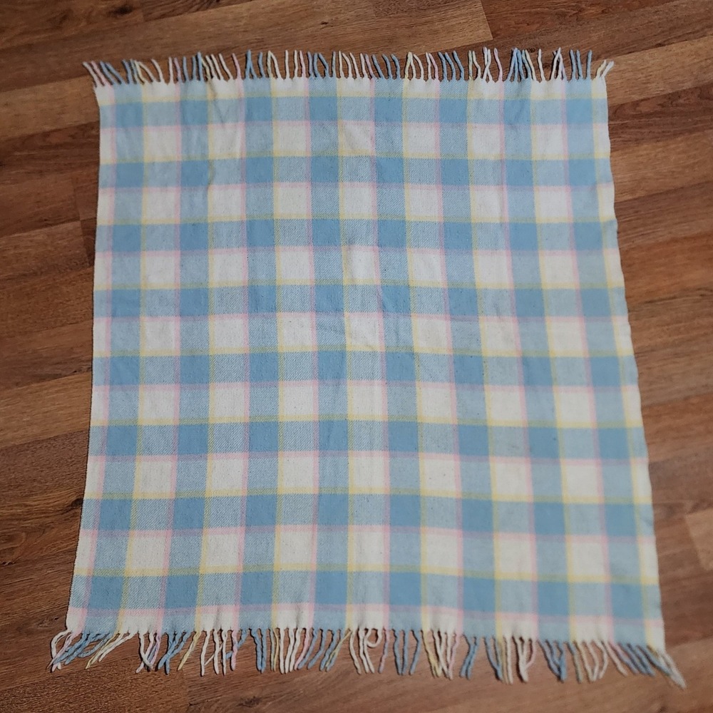 Unbranded Blue Plaid Pastel Fringe Baby Blanket Nursery Crib Stroller Vintage